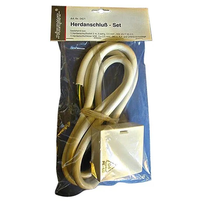 Herd-Anschluss-Set - H05VV-F, 5 - Nahaufnahme eines Herdanschluss-Sets in einer durchsichtigen Plastikverpackung, bestehend aus Kabel und Anschlussdose.