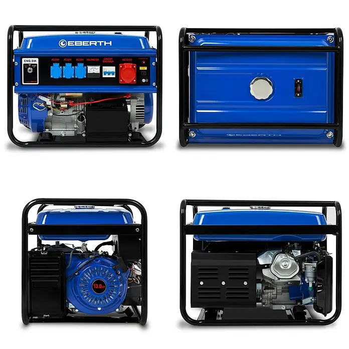 EBERTH Stromerzeuger 5500 Watt 13PS Leistung E-Start 3-Phasen - Nennleistung: 5 kW, Tankvolumen: 25 l - Blauer EBERTH Generator mit schwarzem Rahmen, Ansichten von Bedienfeld, Tank und Motor.