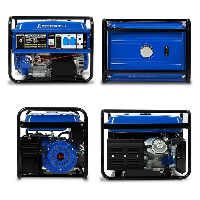 EBERTH Stromerzeuger Benzin 5500 W, 13 PS, 230 V, 1 Phase, E-Start, AVR - Nennleistung: 5 kW, Tankvolumen: 25 l - Blauer und schwarzer EBERTH Benzingenerator mit Bedienfeld, Steckdosen und einem 13,0 PS Motor, aus mehreren Blickwinkeln gezeigt.