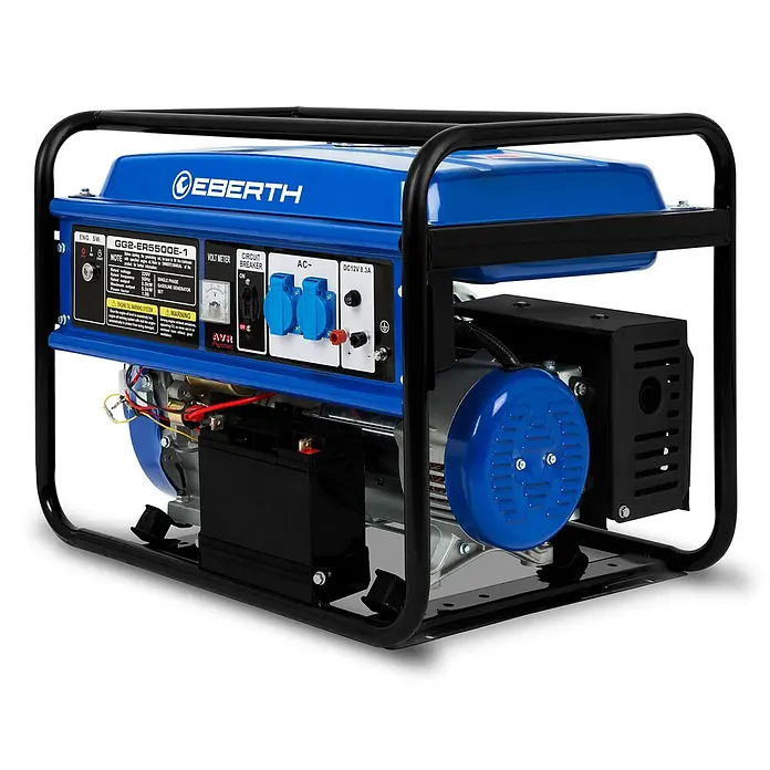 EBERTH Stromerzeuger Benzin 5500 W, 13 PS, 230 V, 1 Phase, E-Start, AVR - Nennleistung: 5 kW, Tankvolumen: 25 l - Ein blau-schwarzer, tragbarer Benzingenerator mit Bedienfeld und schwarzem Rahmen.