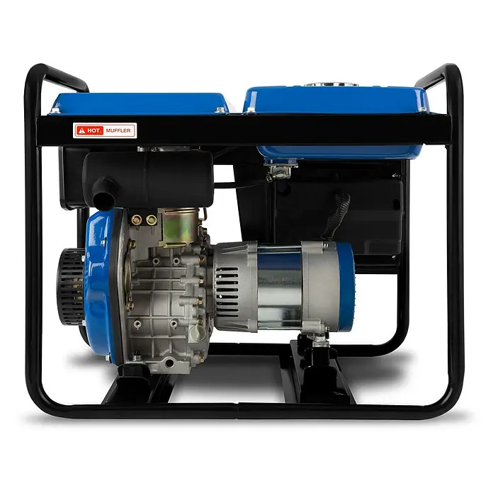 EBERTH Stromerzeuger Diesel 2000 W, 3,8 PS, 230 V, 1 Phase, AVR, Seilzugstart - Nennleistung: 1,8 kW, Tankvolumen: 12 l - Blau-schwarzer tragbarer Stromerzeuger mit silbernem Motor und Schalldämpfer, Seitenansicht.