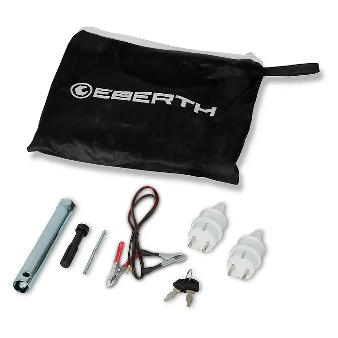 EBERTH Stromerzeuger Benzin 5500 W, 13 PS, 230 V, 1 Phase, E-Start, AVR - Nennleistung: 5 kW, Tankvolumen: 25 l - Schwarze EBERTH Tasche mit Zündkerzenschlüssel, Überbrückungskabel, zwei Eurosteckern, Schlüsseln und Motorwerkzeugen.