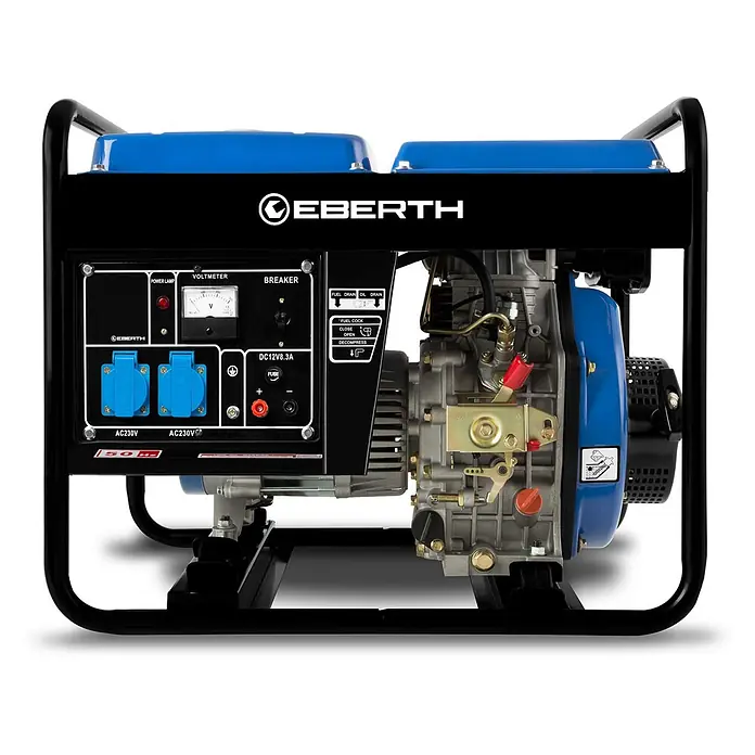 EBERTH Stromerzeuger Diesel 2000 W, 3,8 PS, 230 V, 1 Phase, AVR, Seilzugstart - Nennleistung: 1,8 kW, Tankvolumen: 12 l - Blauer und schwarzer EBERTH Generator mit Bedienfeld, AC230V Steckdosen, DC12V Ausgang und sichtbaren Motorkomponenten.