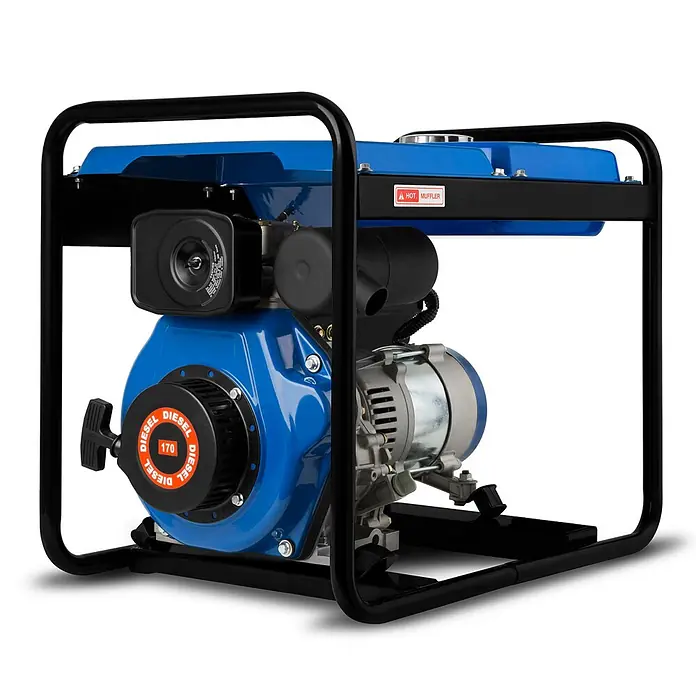 EBERTH Stromerzeuger Diesel 2000 W, 3,8 PS, 230 V, 1 Phase, AVR, Seilzugstart - Nennleistung: 1,8 kW, Tankvolumen: 12 l - Blauer Dieselmotor in schwarzem Schutzrahmen mit Seilzugstarter.