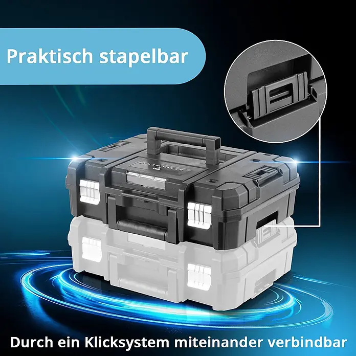 STAHLWERK Akku Bohrhammer ABH-20ST Brushless 20V/4Ah 0 - 1350 min-1 SDS-plus -  - Zwei stapelbare schwarze und weiße Werkzeugkisten aus Kunststoff, verbunden durch ein Klicksystem, mit Detail des Verschlusses.