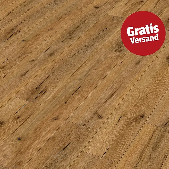 Vinylboden Rigid - Eiche Smoke, Landhausdiele, 1.220 x 180 x 3,5 mm - Diagonaler hellbrauner Laminatboden mit natürlicher Holzmaserung, Ästen und sichtbaren Rissen.