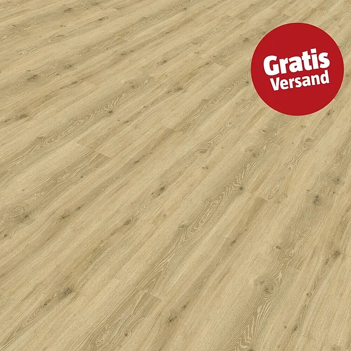 Vinylboden Rigid - Eiche Rustik, Landhausdiele, 1.220 x 180 x 3,5 mm - Heller Laminatboden in Holzoptik mit natürlicher Maserung und sichtbaren Ästen.