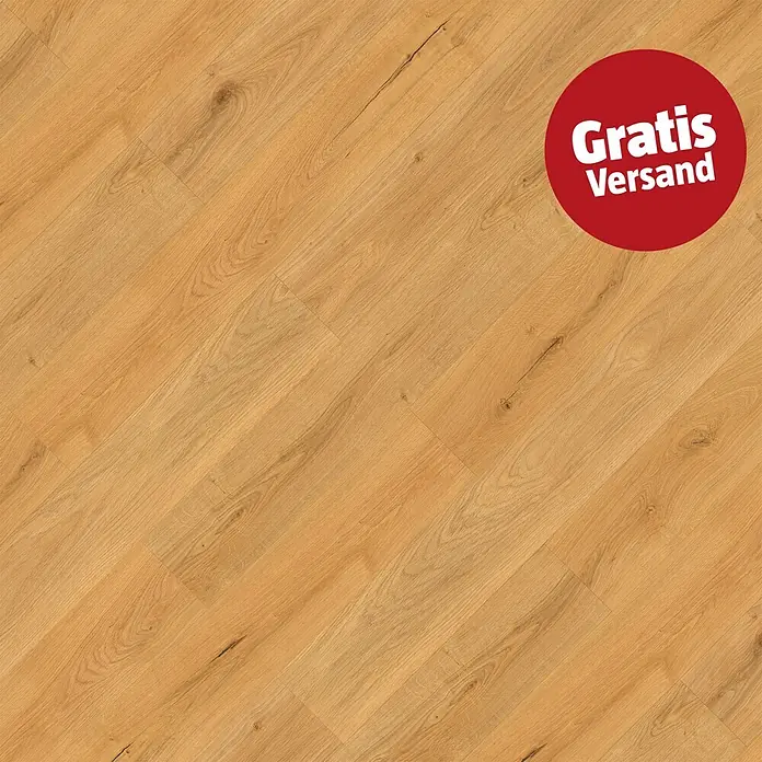 Vinylboden Rigid - Eiche Pure, Landhausdiele, 1.220 x 180 x 3,5 mm - Helles Holzfußboden mit sichtbarer Maserung und Dielenlinien und einem roten Kreis mit "Gratis Versand" Text.