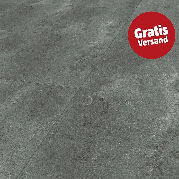 Vinylboden Rigid Fliese XL - Grey Concrete, Fliese, 1.220 x 610 x 7,5 mm - Dunkelgraue, strukturierte Bodenfliesen in Betonoptik.