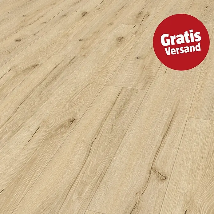 Vinylboden SPC Rigid - Eiche Zermatt, Landhausdiele, 1.220 x 180 x 4,5 mm - Heller Laminatboden in Holzoptik mit ausgeprägter Maserung und Ästen.