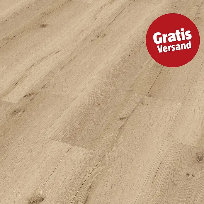 Vinylboden Rigid - Eiche Broendby, Landhausdiele, 1.220 x 229 x 4 mm - Heller Laminatboden in Eichenoptik mit natürlicher Maserung und Ästen, und ein roter Kreis mit dem Text „Gratis Versand“.