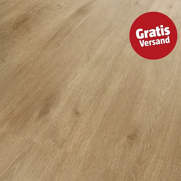 b!design Vinylboden Isocore Inside - Châteaux Neuf, Landhausdiele, 1.510 x 300 x 7 mm - Heller Holzboden mit ausgeprägter Holzmaserung und einem roten Kreis-Aufkleber mit der Aufschrift 'Gratis Versand'.