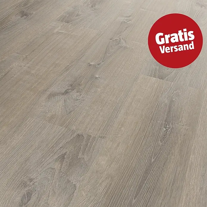 b!design Vinylboden Isocore Inside - Eiche Sterling, Landhausdiele, 1.210 x 220 x 7 mm - Hellgrauer Laminatboden in Holzoptik mit natürlicher Maserung.