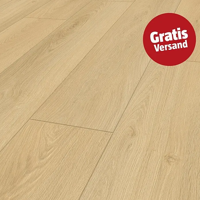 Vinylboden Rigid - Oak Sand, Landhausdiele, 1.220 x 180 x 4 mm - Heller Eichenlaminatboden mit rotem 'Gratis Versand' Aufkleber.