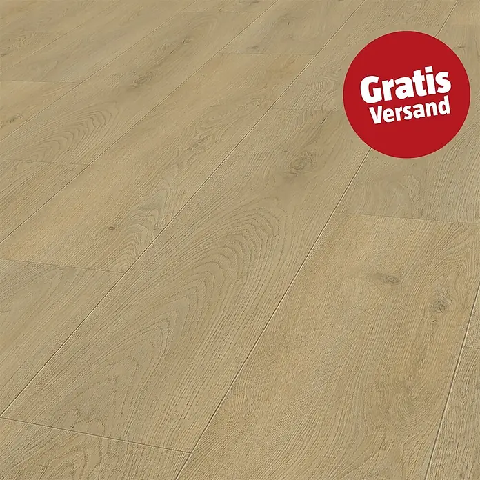 Vinylboden Rigid - Oak Forest, Landhausdiele, 1.220 x 229 x 5 mm - Heller Laminatboden in Holzoptik mit deutlicher Maserung und Dielenmuster, und einem roten Kreis mit 'Gratis Versand' Text.