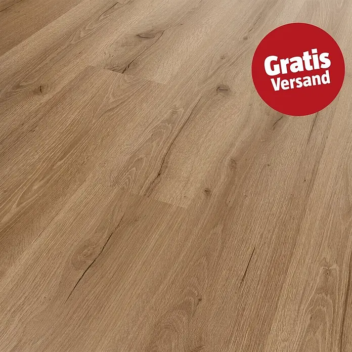 Vinylboden SPC - Eiche Tobacco, Landhausdiele, 1.220 x 182 x 3,5 mm - Heller Holzfußboden mit sichtbarer Maserung und Ästen, teilweise bedeckt von einem roten Aufkleber 'Gratis Versand'.