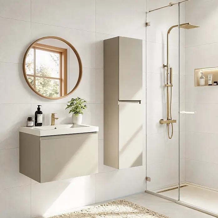 LOMAZOO Badezimmermöbel Greige 60cm - Weißes Waschbecken - Beige-graues Waschbeckenmöbel - Schwebender Waschbeckenunterschrank [MODENA] -  - Modernes Badezimmer mit hellbeigem schwebendem Waschtisch und hohem Hochschrank, ergänzt durch messingfarbene Duscharmaturen.