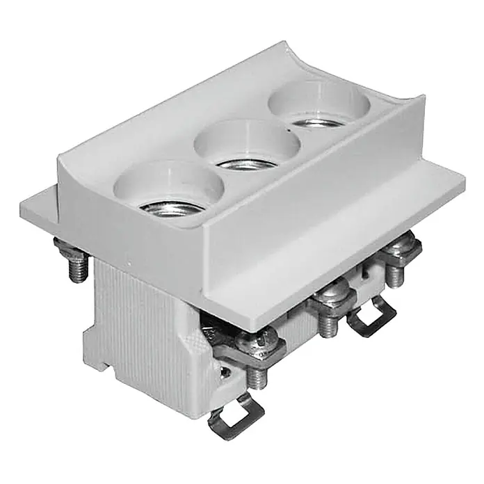 ASS Neozed-Sockel - 400 V, Polanzahl: 3 Stk., E18, D02 - Detailaufnahme einer weißen Keramik-Reihenklemme mit drei Anschlüssen und Schraubverbindungen für elektrische Installationen.