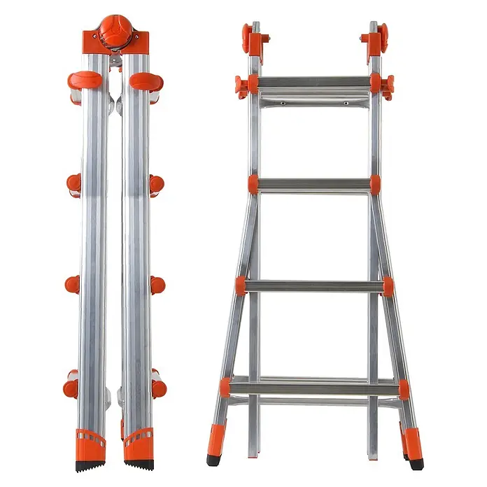 Gierre Mehrzweckleiter 4 + 4 - Anzahl Tritte: 16 Stk., Arbeitshöhe: 4,7 m, Belastbarkeit: 150 kg, Aluminium - Silber-orangefarbene verstellbare Teleskopleiter, zusammengeklappt und ausgezogen, zeigt kompaktes Design und Funktionalität.