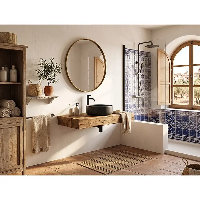 Lavabo redondo Orbita - Diámetro: 37 cm, Sin desbordamiento, Negro - Baño rústico mediterráneo con tocador de madera, lavabo negro, espejo dorado, ducha de azulejos azules y blancos y ventana de arco.