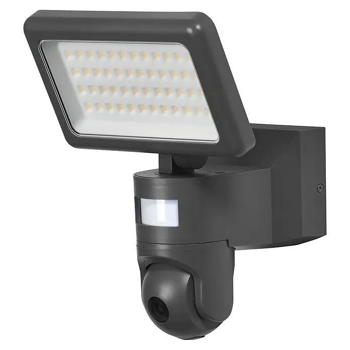 Osram LED-Außenwandleuchte - 23 W, 20 x 19,7 x 26,2 cm, Dunkelgrau, IP44 - Dunkelgrauer LED-Fluter mit integriertem Bewegungsmelder und Überwachungskamera.