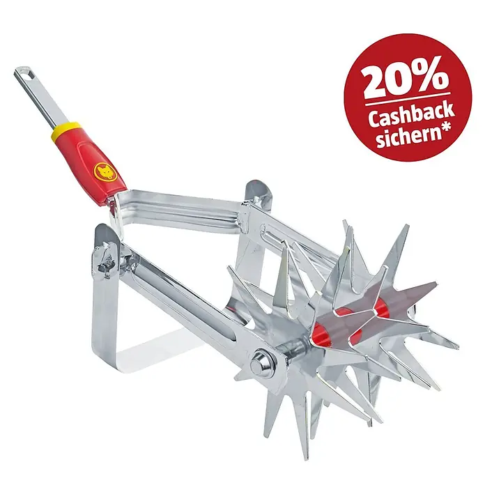 Wolf-Garten Multi-Star Sternfräse DA-S - Arbeitsbreite: 15 cm - Gartenhandgerät mit rotem Griff und silbernen sternförmigen Drehspitzen zur Bodenbelüftung oder -kultivierung.