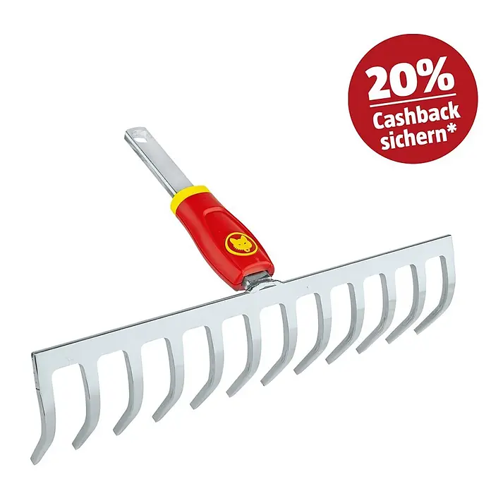 Wolf-Garten Multi-Star Rechen DR-M 30 - Arbeitsbreite: 30 cm - Metall-Gartenharke mit rotem und gelbem Griff.