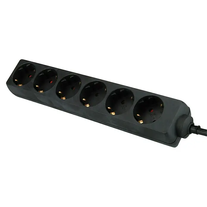Base de enchufe múltiple - 6 conexiones, Negro, Longitud del cable: 1,4 m, Sin interruptor, Número de enchufes Schuko: 6 ud. - Regleta negra con seis enchufes para un uso versátil en casa o en la oficina. Solución de alimentación práctica y segura.