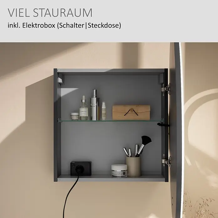 Camargue Point LED-Spiegelschrank - B x H: 74 x 74 cm, Holz, Anthrazit, DIN Anschlag: Rechts - Grauer Badschrank mit zwei Ablagen, darunter einer Glasablage, integrierter Steckdose und Kosmetika.