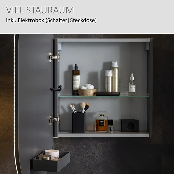 Camargue Point LED-Spiegelschrank - B x H: 54 x 90 cm, Holz, Anthrazit, DIN Anschlag: Links - Offener dunkelgrauer Spiegelschrank mit Stauraum, Glasablagen und integrierter Elektrobox (Schalter/Steckdose).