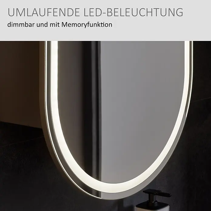 Camargue Point LED-Spiegelschrank - B x H: 54 x 90 cm, Holz, Anthrazit, DIN Anschlag: Links - Ovaler Badezimmerspiegel mit umlaufender dimmbarer LED-Beleuchtung und Memoryfunktion.