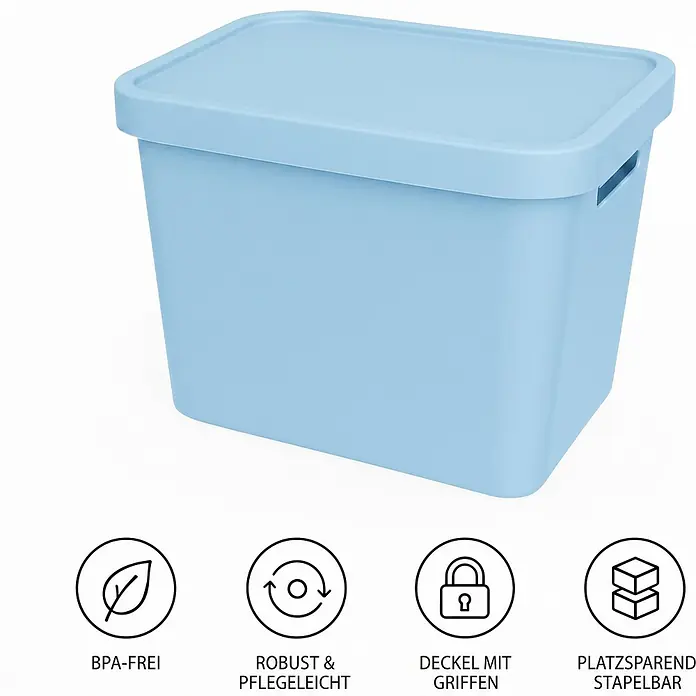 Plastard Aufbewahrungsbox-Set 4er-Set 12,5 Liter in Blau mit Deckel – Stapelboxen, Lagerboxen - L x B x H: 32 x 22 x 24 cm, Kunststoff, Blau, 4 Stk. - Helleblaue Kunststoff-Aufbewahrungsbox mit Deckel und Griffen, stapelbar.