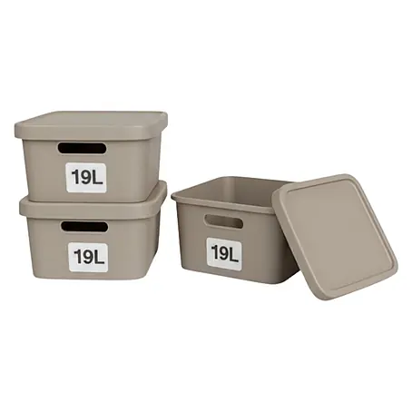 Plastard  Aufbewahrungsbox-Set 3er-Set 19 Liter in Beige mit Deckel – Stapelboxen, Lagerboxen