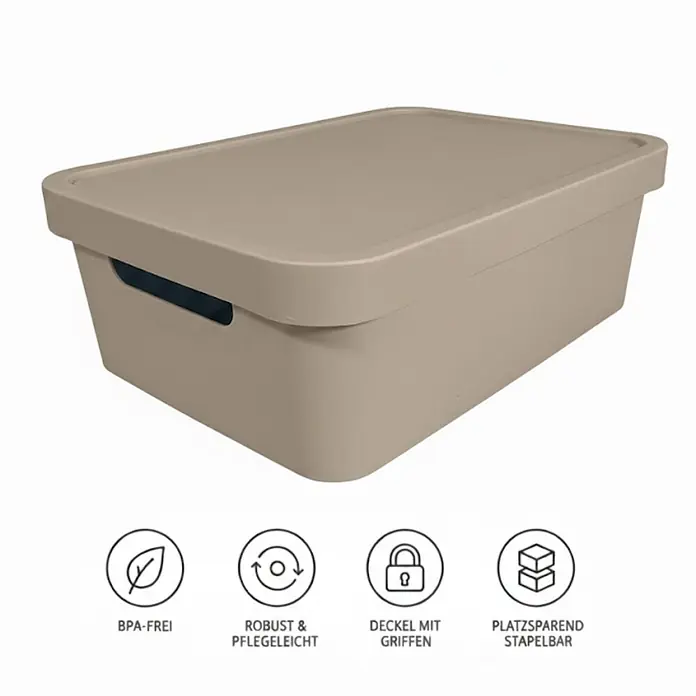 Plastard Aufbewahrungsbox-Set 4er-Set 19 Liter in Beige mit Deckel – Stapelboxen, Lagerboxen - L x B x H: 45,5 x 33,5 x 15,5 cm, Kunststoff, Beige, 4 Stk. - Beige Kunststoff-Aufbewahrungsbox mit Deckel und integrierten Griffen. Robust, stapelbar und BPA-frei.