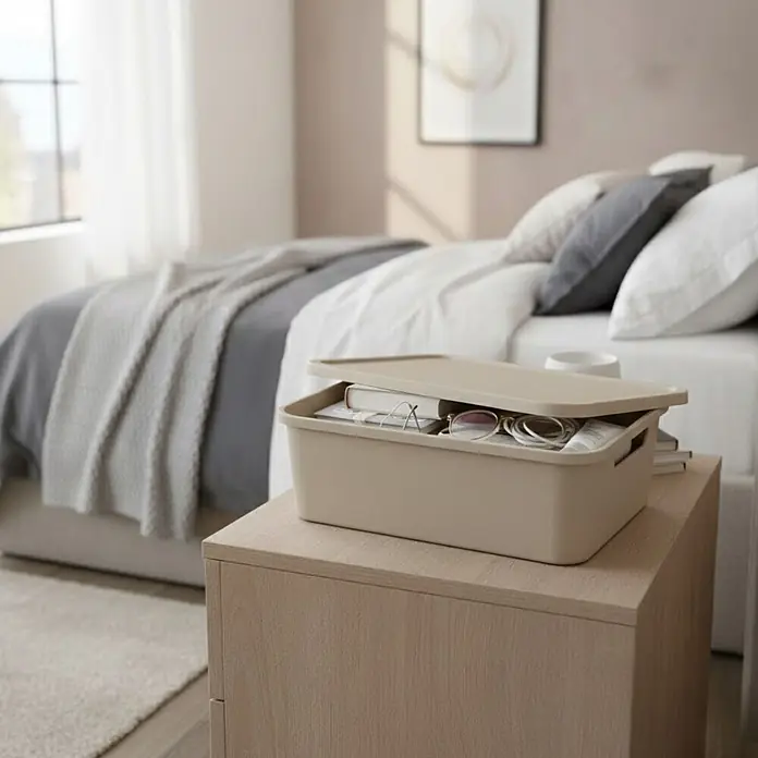 Plastard Aufbewahrungsbox-Set 4er-Set 19 Liter in Beige mit Deckel – Stapelboxen, Lagerboxen - L x B x H: 45,5 x 33,5 x 15,5 cm, Kunststoff, Beige, 4 Stk. - Beige Aufbewahrungsbox mit Deckel auf einem Nachttisch, teilweise offen und mit Brille, Buch und anderen Gegenständen.