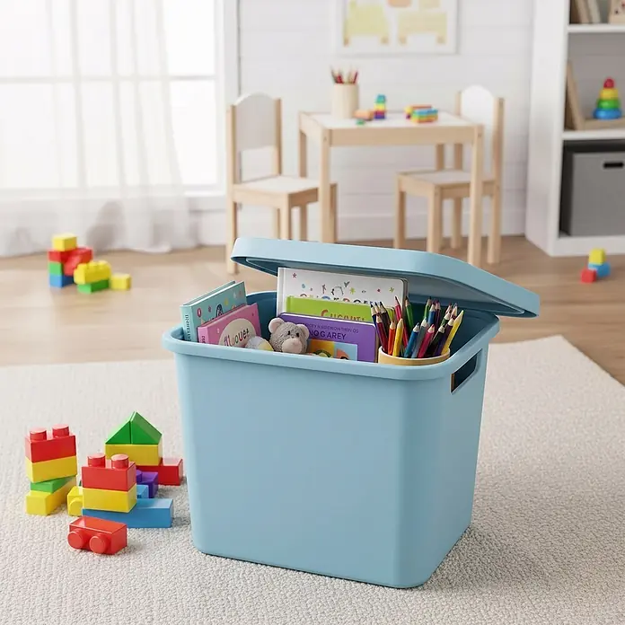 Plastard Aufbewahrungsbox-Set 4er-Set 12,5 Liter in Blau mit Deckel – Stapelboxen, Lagerboxen - L x B x H: 32 x 22 x 24 cm, Kunststoff, Blau, 4 Stk. - Eine hellblaue Aufbewahrungsbox mit Deckel, gefüllt mit Büchern, Buntstiften und Spielzeug, steht auf einem Teppich in einem Kinderzimmer mit Bausteinen.