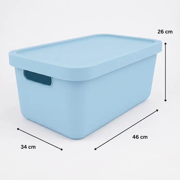 Plastard Aufbewahrungsbox-Set 4er-Set 31 Liter in Blau mit Deckel – Stapelboxen, Lagerboxen - L x B x H: 45,5 x 33,5 x 25 cm, Kunststoff, Blau, 4 Stk. - Hellblaue Aufbewahrungsbox aus Kunststoff mit Deckel und Griffen, Maße 46x34x26 cm.