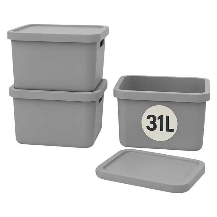 Plastard Aufbewahrungsbox-Set 3er-Set 31 Liter in Grau mit Deckel – Stapelboxen, Lagerboxen - L x B x H: 45,5 x 33,5 x 25 cm, Kunststoff, Grau, 3 Stk. - Satz grauer Aufbewahrungsboxen mit Deckeln. Eine Box zeigt deutlich '31L' Fassungsvermögen.