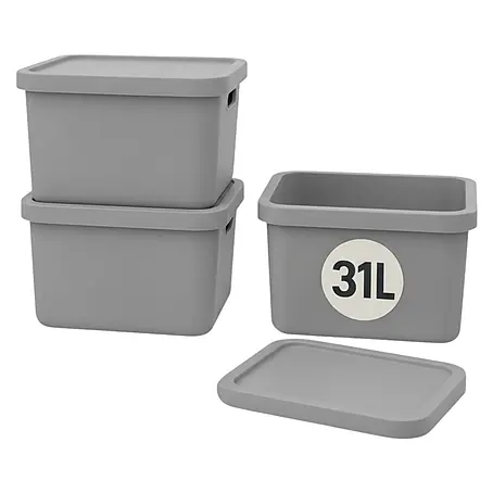 Plastard  Aufbewahrungsbox-Set 3er-Set 31 Liter in Grau mit Deckel – Stapelboxen, Lagerboxen