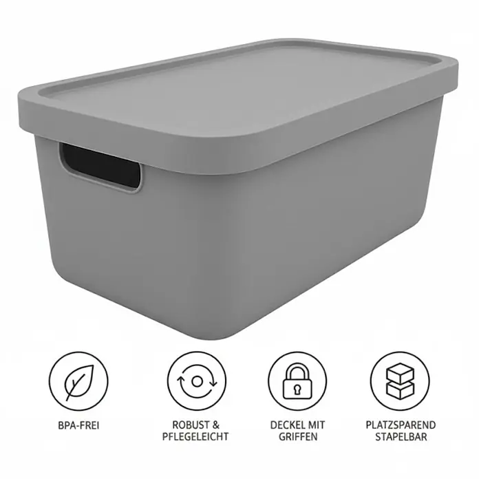 Plastard Aufbewahrungsbox-Set 2er-Set 31 Liter in Grau mit Deckel – Stapelboxen, Lagerboxen - L x B x H: 45,5 x 33,5 x 25 cm, Kunststoff, Grau, 2 Stk. - Eine graue rechteckige Aufbewahrungsbox mit Deckel und Griffmulden.