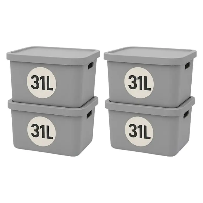 Plastard Aufbewahrungsbox-Set 4er-Set 31 Liter in Grau mit Deckel – Stapelboxen, Lagerboxen - L x B x H: 45,5 x 33,5 x 25 cm, Kunststoff, Grau, 4 Stk. - Vier graue Kunststoff-Aufbewahrungsboxen mit Deckeln, jeweils mit '31L' beschriftet, gestapelt.
