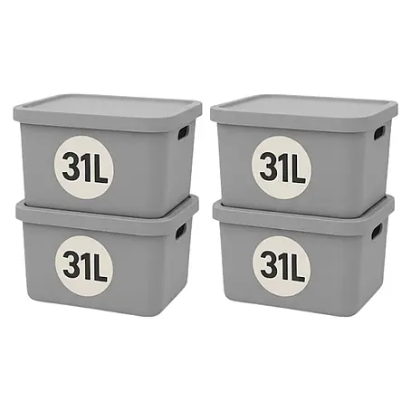 Plastard  Aufbewahrungsbox-Set 4er-Set 31 Liter in Grau mit Deckel – Stapelboxen, Lagerboxen