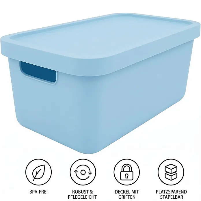 Plastard Aufbewahrungsbox-Set 4er-Set 31 Liter in Blau mit Deckel – Stapelboxen, Lagerboxen - L x B x H: 45,5 x 33,5 x 25 cm, Kunststoff, Blau, 4 Stk. - Hellblaue Aufbewahrungsbox mit Deckel und integrierten Griffen, stapelbar.