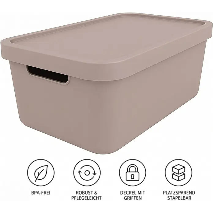 Plastard Aufbewahrungsbox-Set 4er-Set 7,5 Liter in Pink mit Deckel – Stapelboxen, Lagerboxen - L x B x H: 32 x 22 x 15 cm, Kunststoff, Pink, 4 Stk. - Beige rechteckige Kunststoff-Aufbewahrungsbox mit Deckel und integrierten seitlichen Griffen.