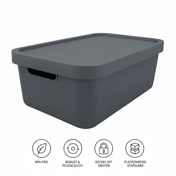 Plastard Aufbewahrungsbox-Set 4er-Set 7,5 Liter in Anthrazit mit Deckel – Stapelboxen, Lagerboxen - L x B x H: 32 x 22 x 15 cm, Kunststoff, Anthrazit, 4 Stk. - Dunkelgraue rechteckige Aufbewahrungsbox mit Deckel und integrierten seitlichen Griffen.