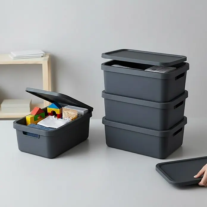 Plastard Aufbewahrungsbox-Set 4er-Set 7,5 Liter in Anthrazit mit Deckel – Stapelboxen, Lagerboxen - L x B x H: 32 x 22 x 15 cm, Kunststoff, Anthrazit, 4 Stk. - Set grauer, stapelbarer Aufbewahrungsboxen mit Deckeln. Eine Box ist offen mit Inhalt, andere sind gestapelt.