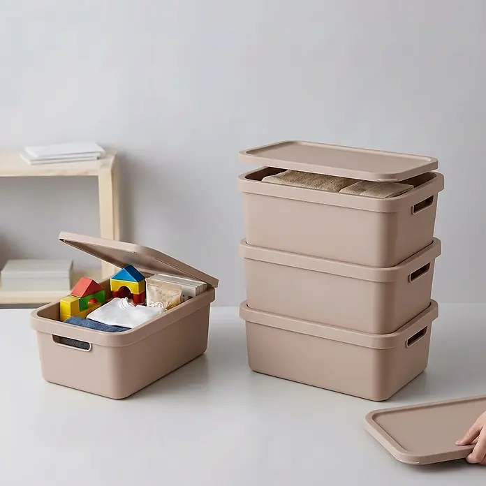 Plastard Aufbewahrungsbox-Set 4er-Set 7,5 Liter in Pink mit Deckel – Stapelboxen, Lagerboxen - L x B x H: 32 x 22 x 15 cm, Kunststoff, Pink, 4 Stk. - Beige Kunststoff-Aufbewahrungsboxen mit Deckel. Eine Box ist offen mit Bausteinen und Kleidung, andere sind gestapelt.