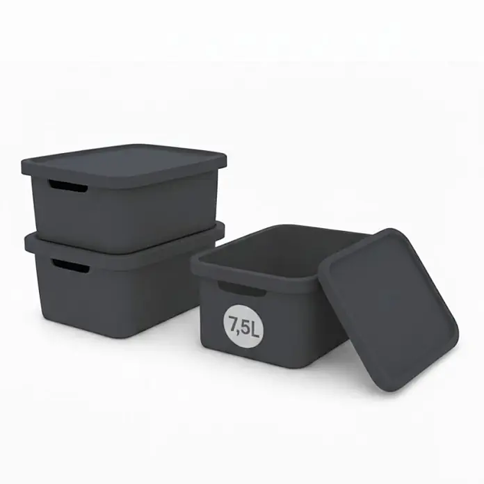 Plastard Aufbewahrungsbox-Set 3er-Set 7,5 Liter in Anthrazit mit Deckel – Stapelboxen, Lagerboxen - L x B x H: 32 x 22 x 15 cm, Kunststoff, Anthrazit, 3 Stk. - Drei dunkelgraue Aufbewahrungsboxen mit Deckeln, eine zeigt '7,5L' Fassungsvermögen.