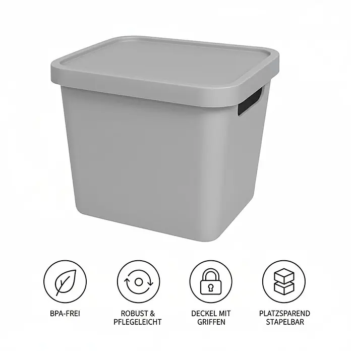 Plastard Aufbewahrungsbox-Set 2er-Set 12,5 Liter in Grau mit Deckel – Stapelboxen, Lagerboxen - L x B x H: 32 x 22 x 24 cm, Kunststoff, Grau, 2 Stk. - Hellgraue quadratische Aufbewahrungsbox mit Deckel und seitlichen Griffen.
