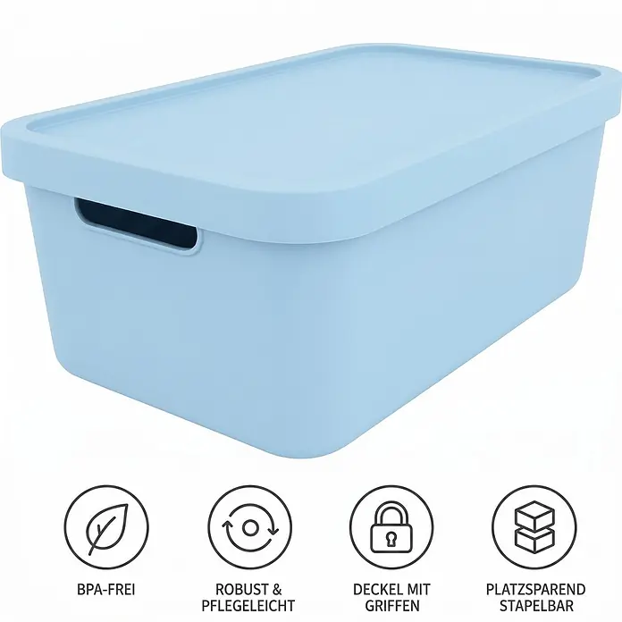 Plastard Aufbewahrungsbox-Set 4er-Set 7,5 Liter in Blau mit Deckel – Stapelboxen, Lagerboxen - L x B x H: 32 x 22 x 15 cm, Kunststoff, Blau, 4 Stk. - Hellblaue Aufbewahrungsbox mit Deckel und integrierten Griffen, stapelbar.